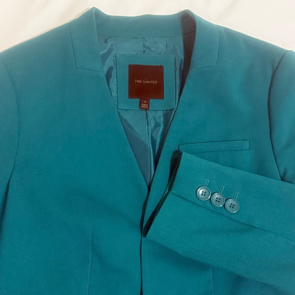 The Limited Teal Blue Open Front Collarless Cropped Blazer Jacket Womens Size S - Picture 2 of 10